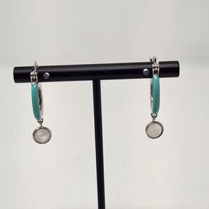 Pura Vida Santorini Hoop Earrings Moonstone Teal Enamel Silver Tone Dainty